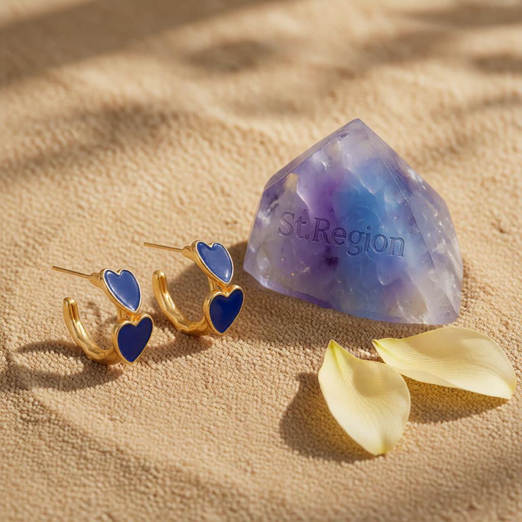 Navy Enamel and 18K Gold-Plated Heart Huggie Earrings, gold huggie earrings, dainty minimalist design, detail close-up