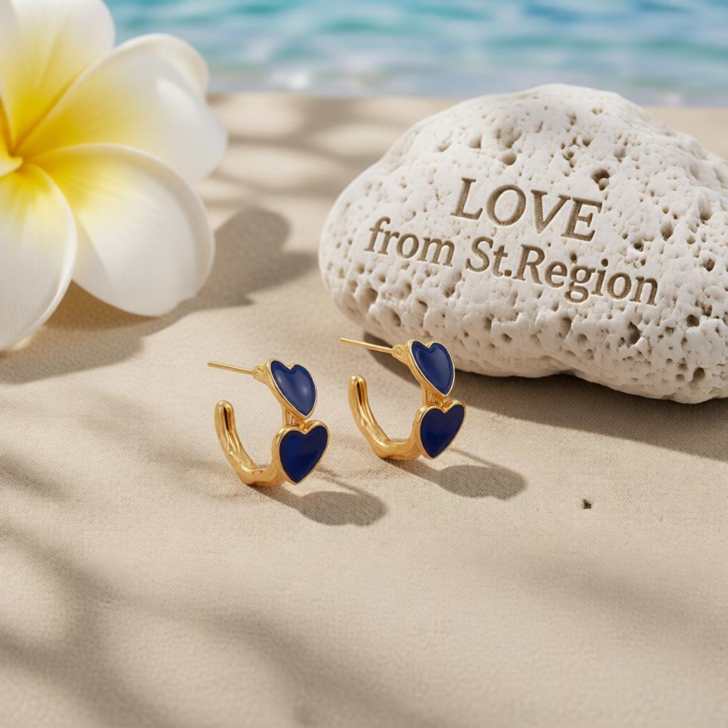 Navy Enamel and 18K Gold-Plated Heart Huggie Earrings, gold huggie earrings, dainty minimalist design, lifestyle look
