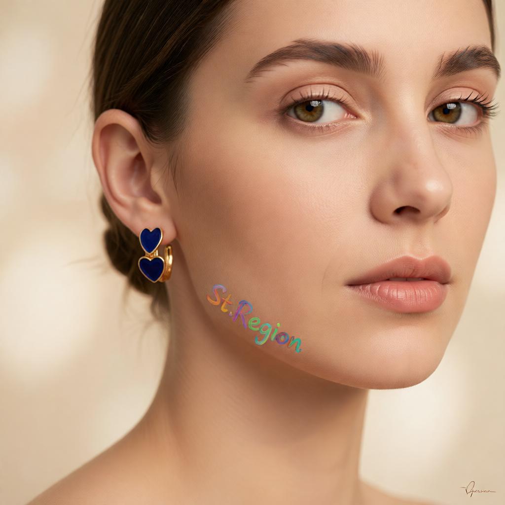 Navy Enamel and 18K Gold-Plated Heart Huggie Earrings, gold huggie earrings, dainty minimalist design, styled look