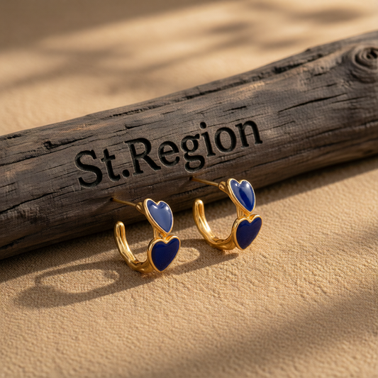 Navy Enamel & 18K Gold-Plated Heart Huggie Earrings