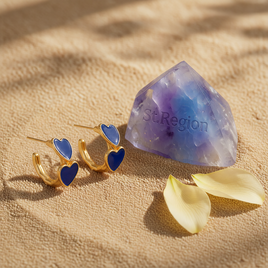 Navy Enamel & 18K Gold-Plated Heart Huggie Earrings