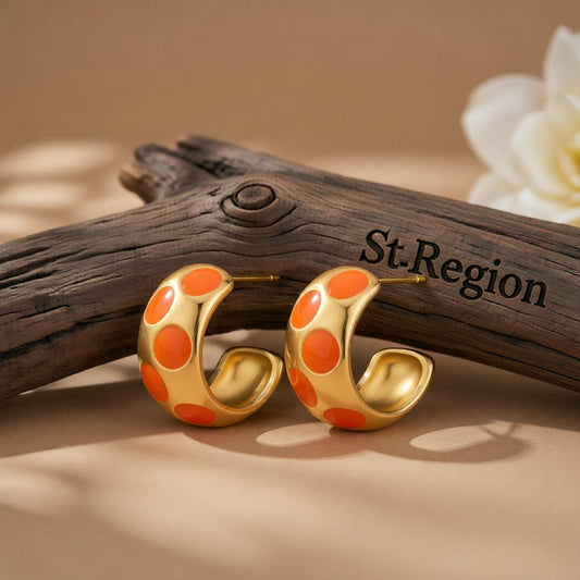 Orange Enamel and 18K Gold-Plated Spot Huggie Earrings, gold huggie earrings, elegant gift for her, front view