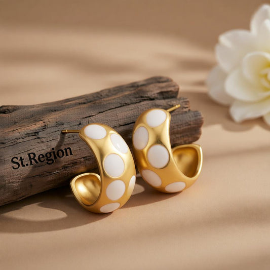 White Enamel and 18K Gold-Plated Spot Huggie Earrings, gold huggie earrings, botanical inspired, front view