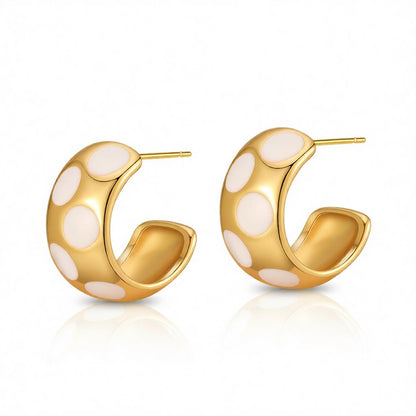 White Enamel and 18K Gold-Plated Spot Huggie Earrings, gold huggie earrings, botanical inspired, side view