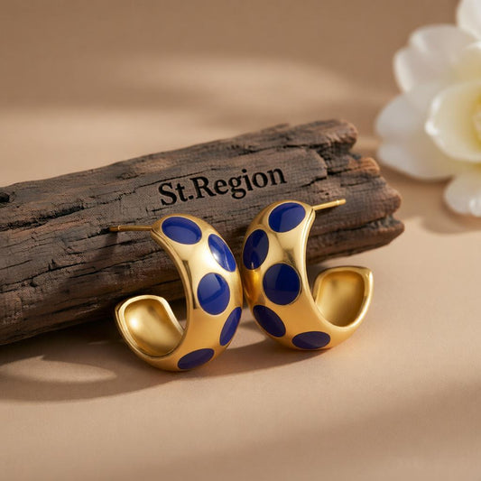 Navy Enamel and 18K Gold-Plated Spot Huggie Earrings, gold huggie earrings, everyday style, front view