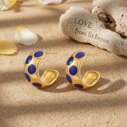 Navy Enamel and 18K Gold-Plated Spot Huggie Earrings, gold huggie earrings, everyday style, lifestyle look