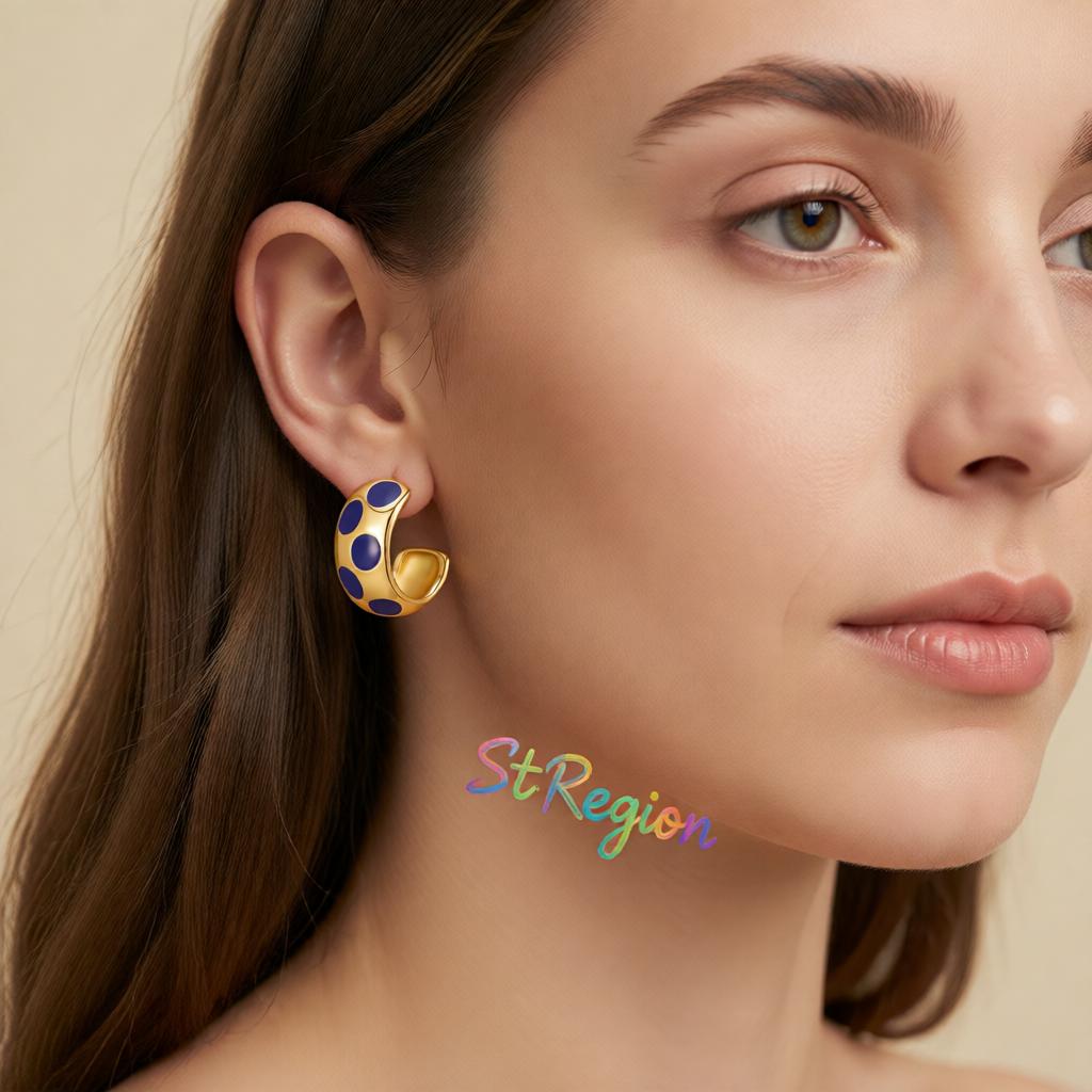 Navy Enamel and 18K Gold-Plated Spot Huggie Earrings, gold huggie earrings, everyday style, styled look