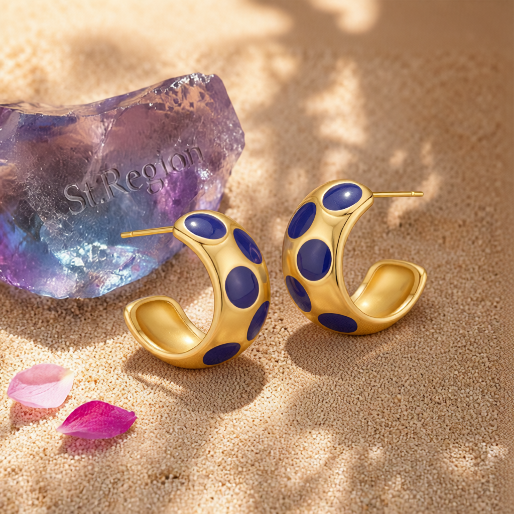 Navy Enamel & 18K Gold-Plated Spot Huggie Earrings