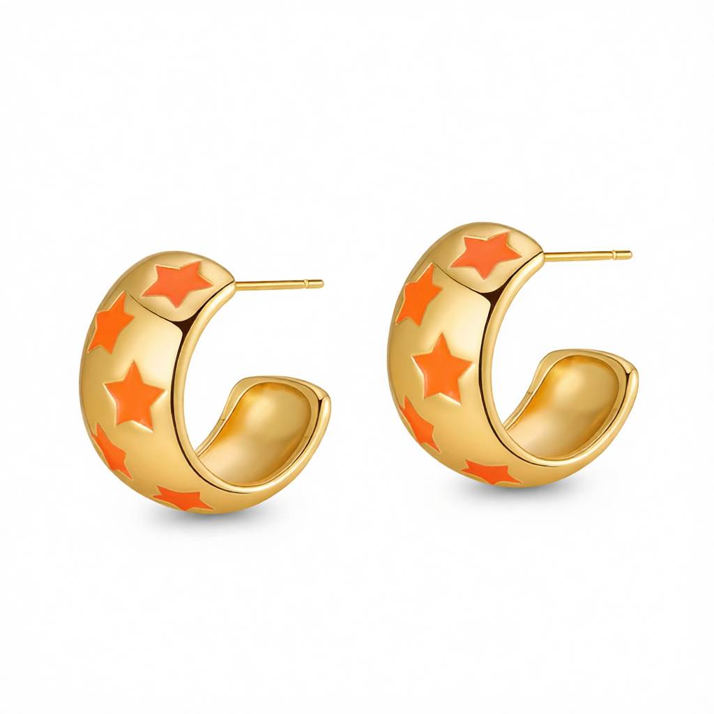 Orange Enamel & 18K Gold-Plated Stars Huggie Earring