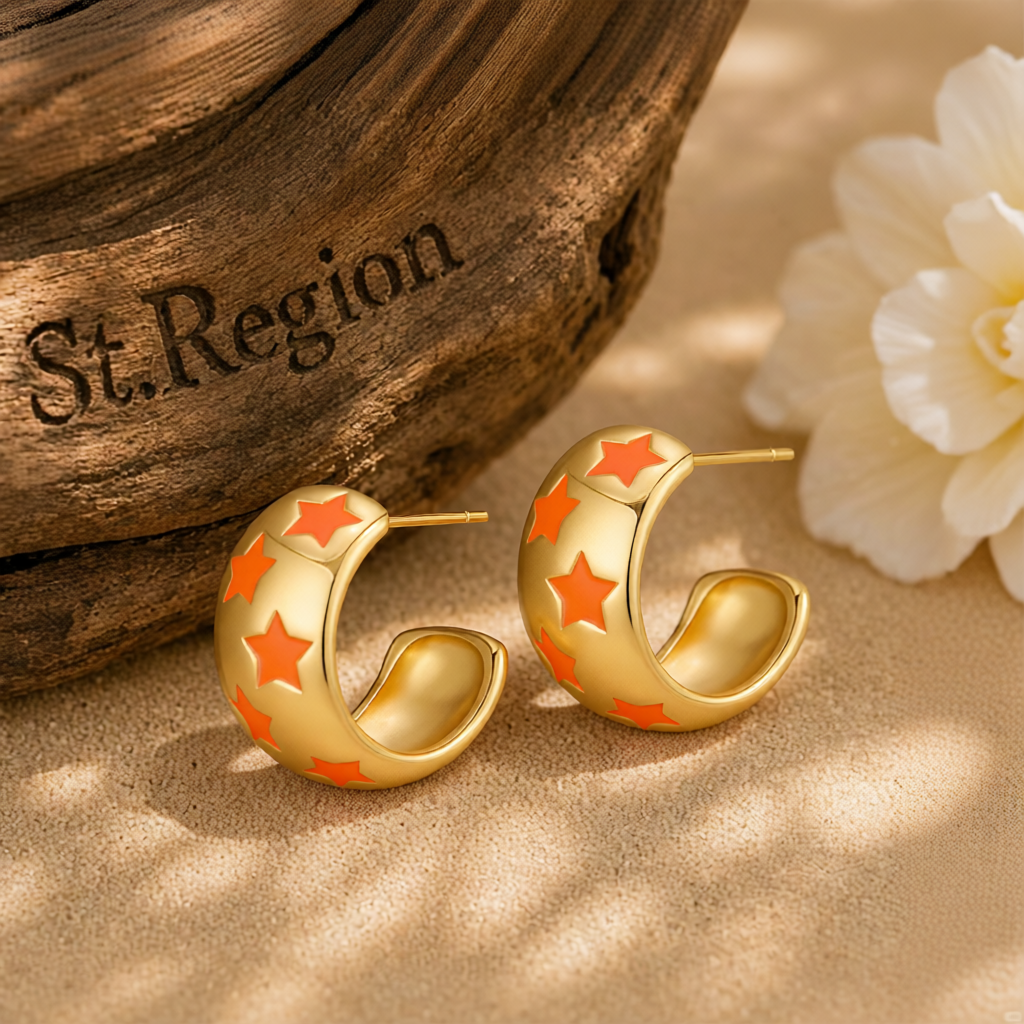 Orange Enamel & 18K Gold-Plated Stars Huggie Earring