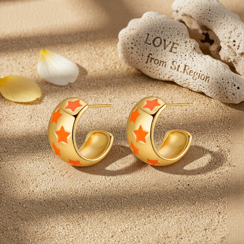 Orange Enamel & 18K Gold-Plated Stars Huggie Earring