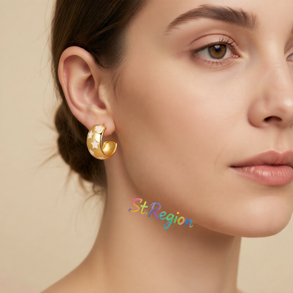White Enamel & 18K Gold-Plated Stars Huggie Earring