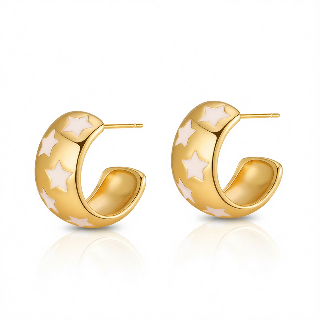 White Enamel & 18K Gold-Plated Stars Huggie Earring