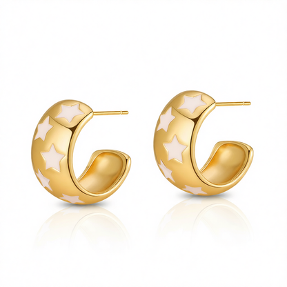 White Enamel & 18K Gold-Plated Stars Huggie Earring