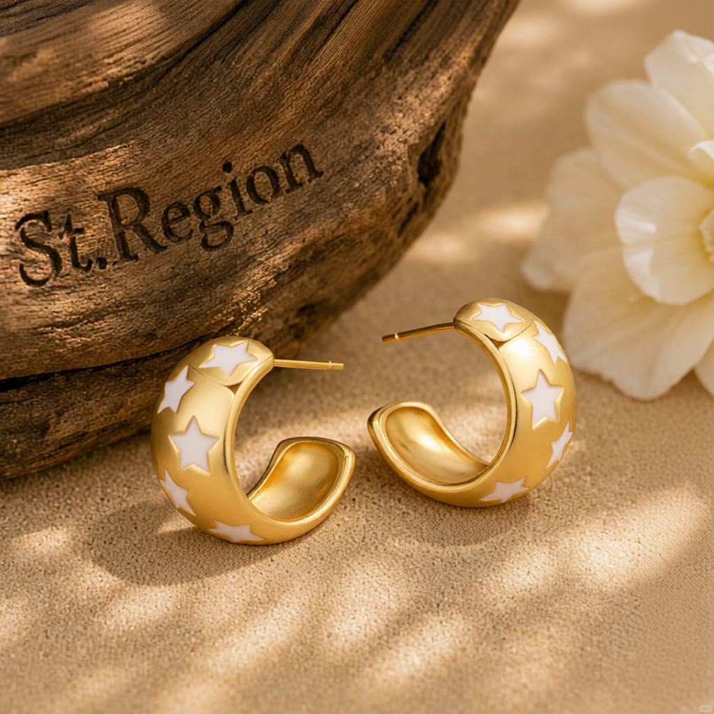 White Enamel & 18K Gold-Plated Stars Huggie Earring
