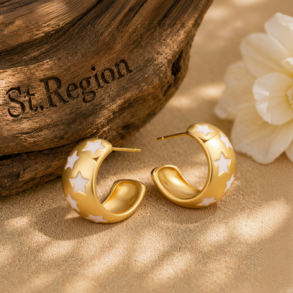 White Enamel & 18K Gold-Plated Stars Huggie Earring