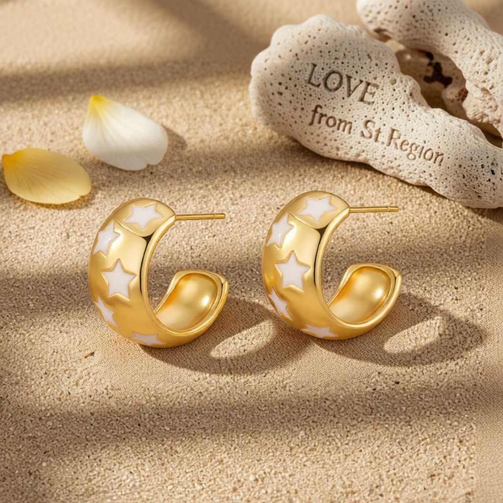 White Enamel & 18K Gold-Plated Stars Huggie Earring