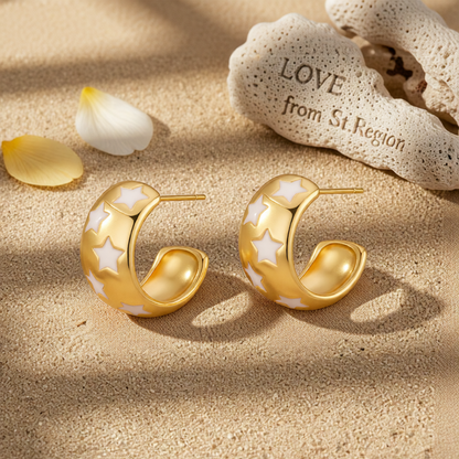 White Enamel & 18K Gold-Plated Stars Huggie Earring