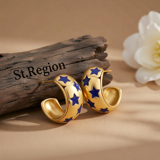 Navy Enamel & 18K Gold-Plated Stars Huggie Earrings