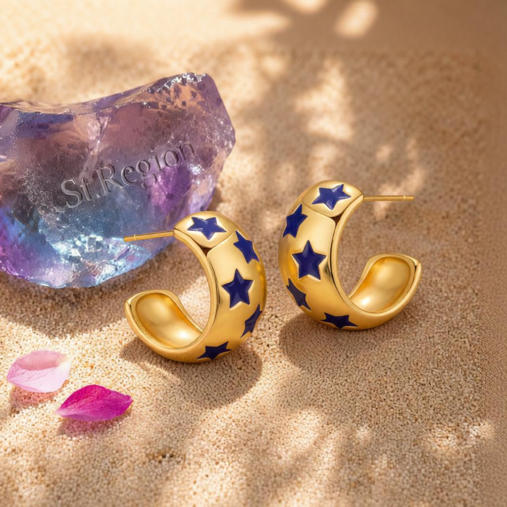 Navy Enamel and 18K Gold-Plated Stars Huggie Earrings, gold huggie earrings, dainty minimalist design, detail close-up