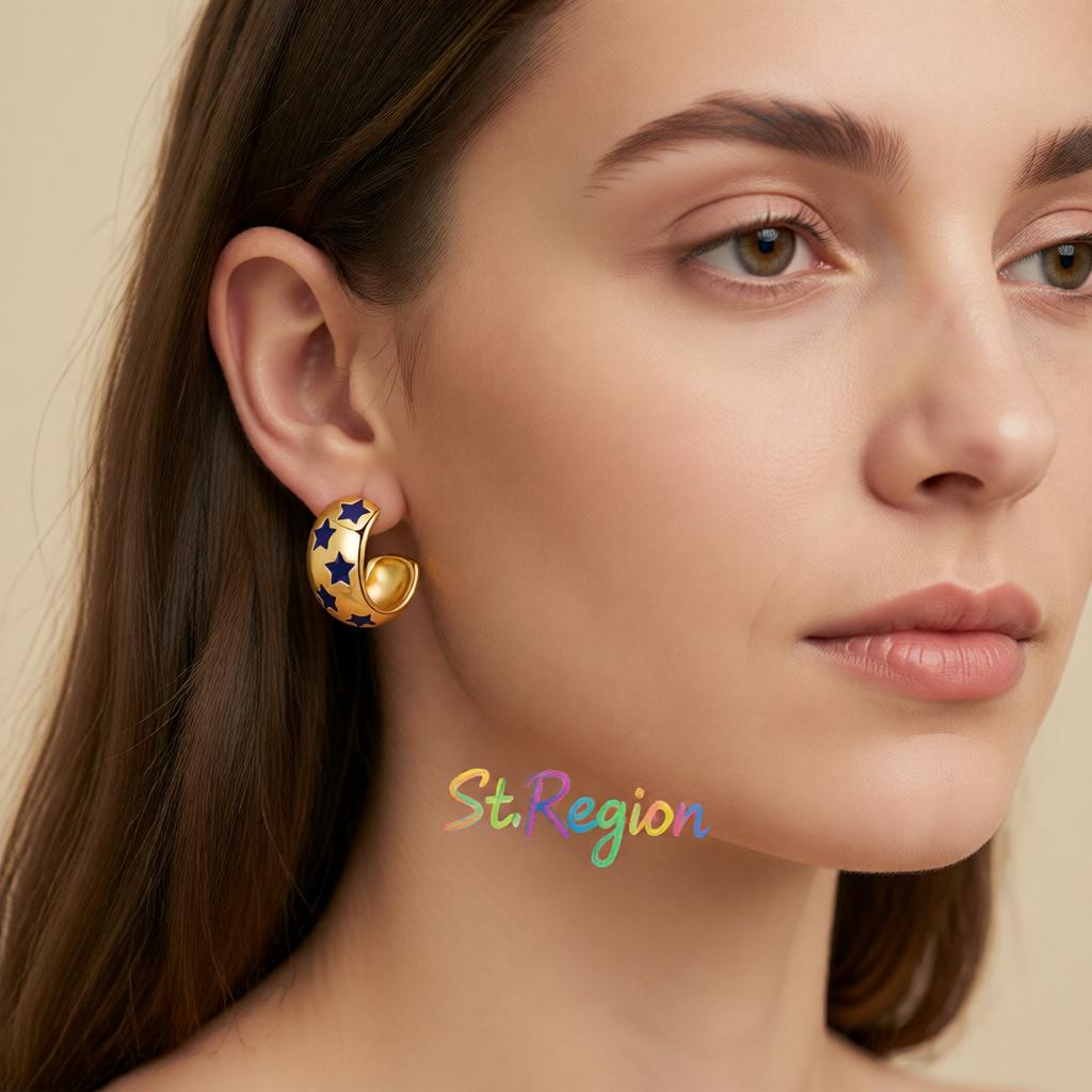 Navy Enamel and 18K Gold-Plated Stars Huggie Earrings, gold huggie earrings, dainty minimalist design, styled look