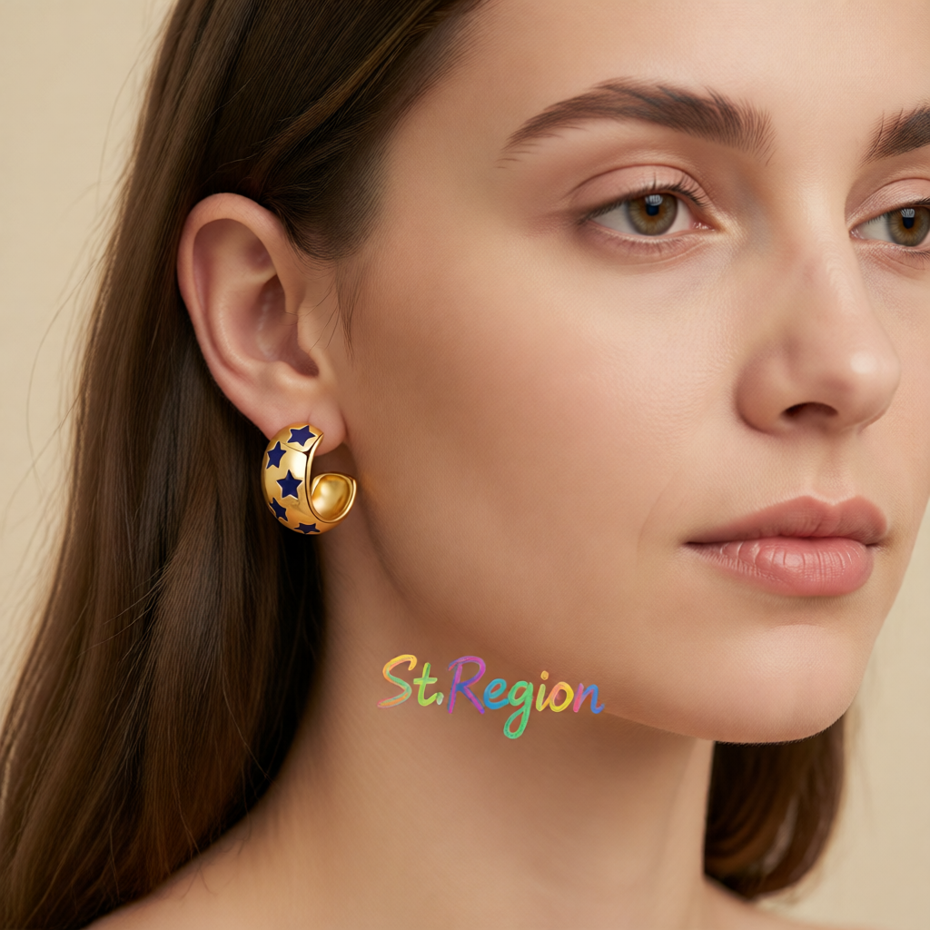 Navy Enamel & 18K Gold-Plated Stars Huggie Earrings