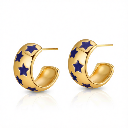 Navy Enamel & 18K Gold-Plated Stars Huggie Earrings
