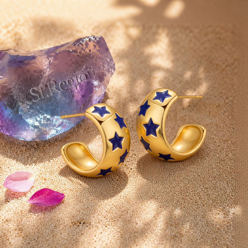 Navy Enamel & 18K Gold-Plated Stars Huggie Earrings