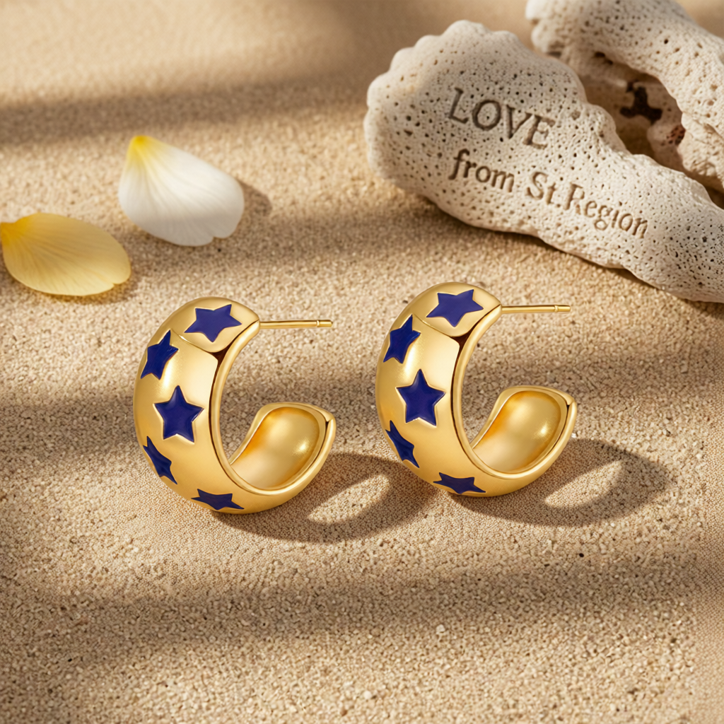 Navy Enamel & 18K Gold-Plated Stars Huggie Earrings