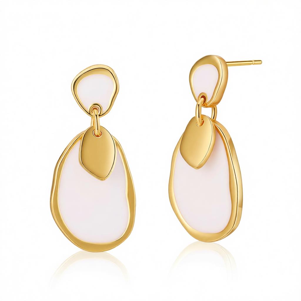 White Enamel and 18K Gold-Plated Irregular Oval Drop Earring, gold drop earrings for women, side view