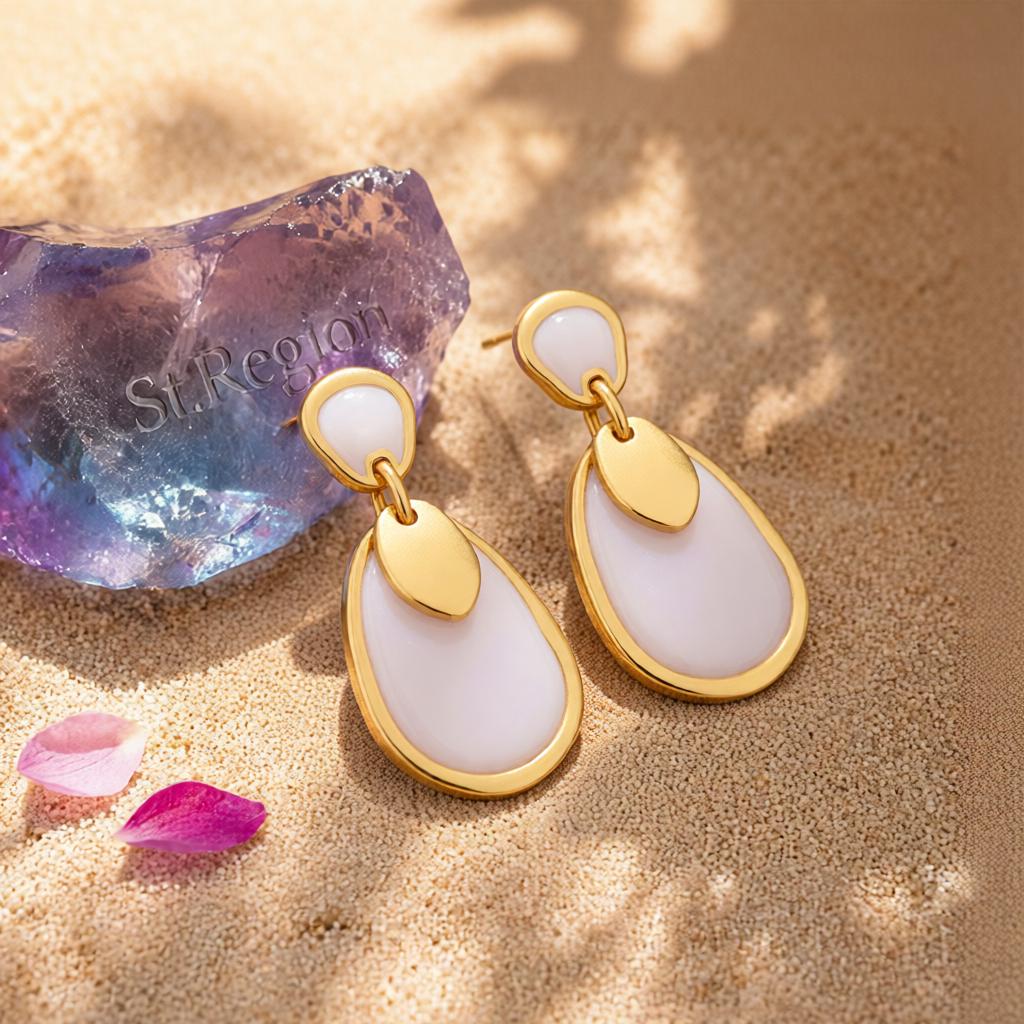 White Enamel and 18K Gold-Plated Irregular Oval Drop Earring, gold drop earrings for women, detail close-up