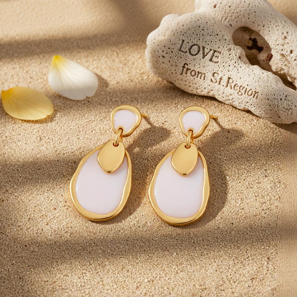 White Enamel and 18K Gold-Plated Irregular Oval Drop Earring, gold drop earrings for women, lifestyle look