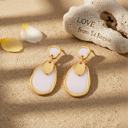 White Enamel and 18K Gold-Plated Irregular Oval Drop Earring, gold drop earrings for women, lifestyle look