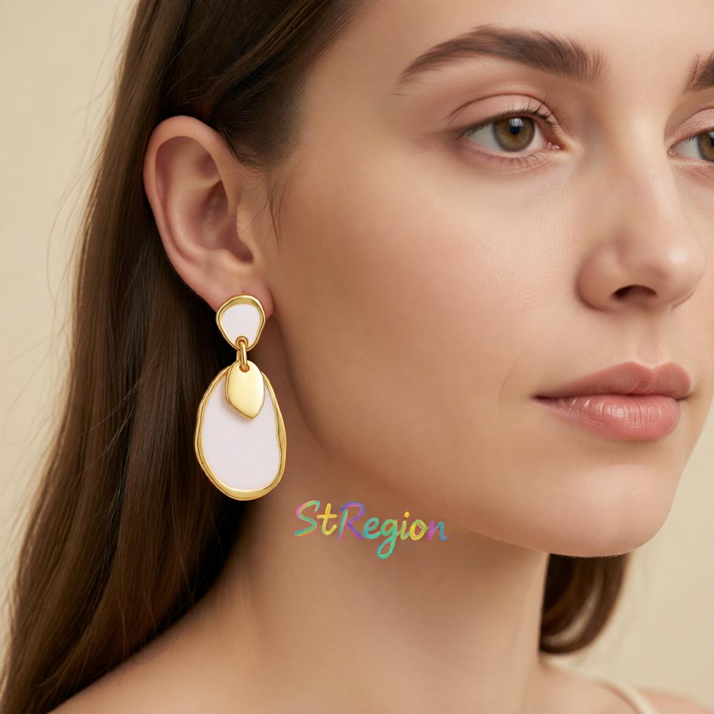 White Enamel and 18K Gold-Plated Irregular Oval Drop Earring, gold drop earrings for women, styled look