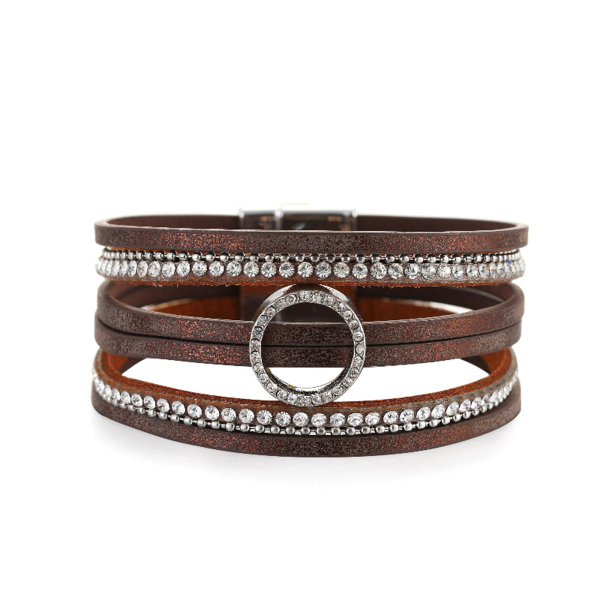 Brown Polystyrene and Cubic Zirconia Silver-Plated Bead-Chain Circle-Charm Bangle, silver bracelet for women, front view