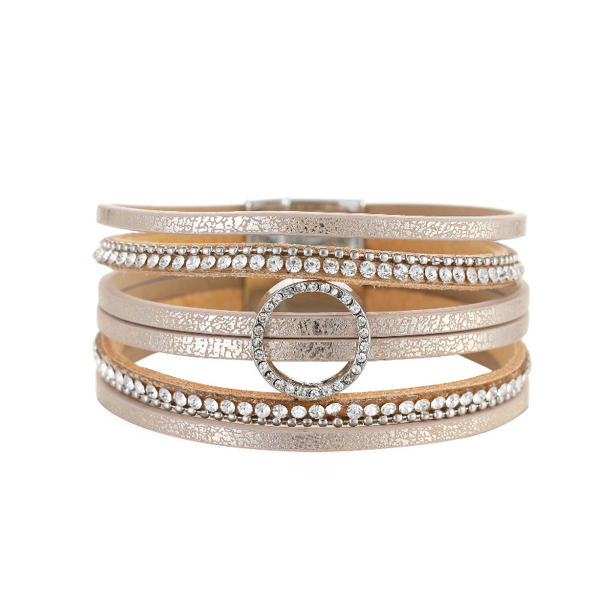 Coffee Polystyrene and Cubic Zirconia Silver-Plated Bead-Chain Circle-Charm Bangle, silver bracelet for women, front view