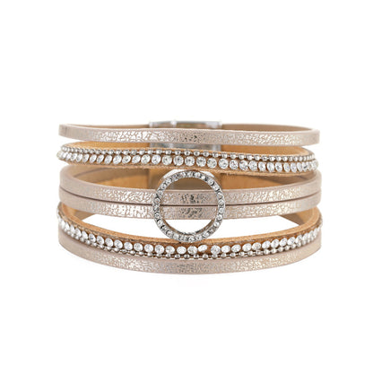 Coffee Polystyrene and Cubic Zirconia Silver-Plated Bead-Chain Circle-Charm Bangle, silver bracelet for women, front view