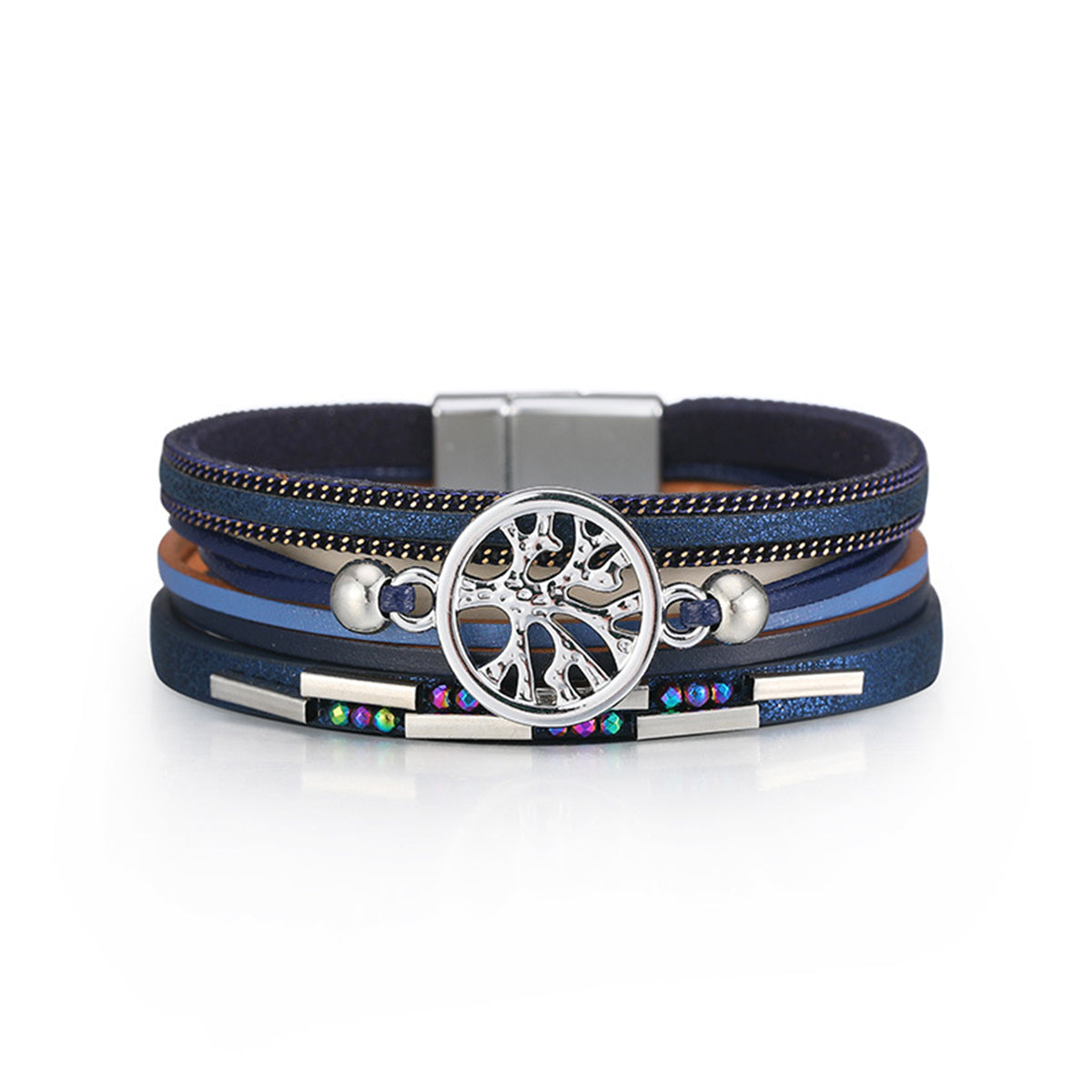 Iridescent Cubic Zirconia and Navy Tree Of Life Stacked Bracelet, bracelet for women, vintage-inspired design, front view