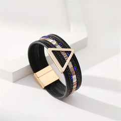 Stylish black leather bracelet showcasing a triangle design, complemented by a luxurious 18K gold-plated clasp.
