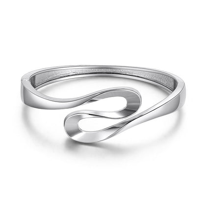 Silver-Plated Ribbon Bangle, silver bangle bracelet, dainty minimalist design, front view
