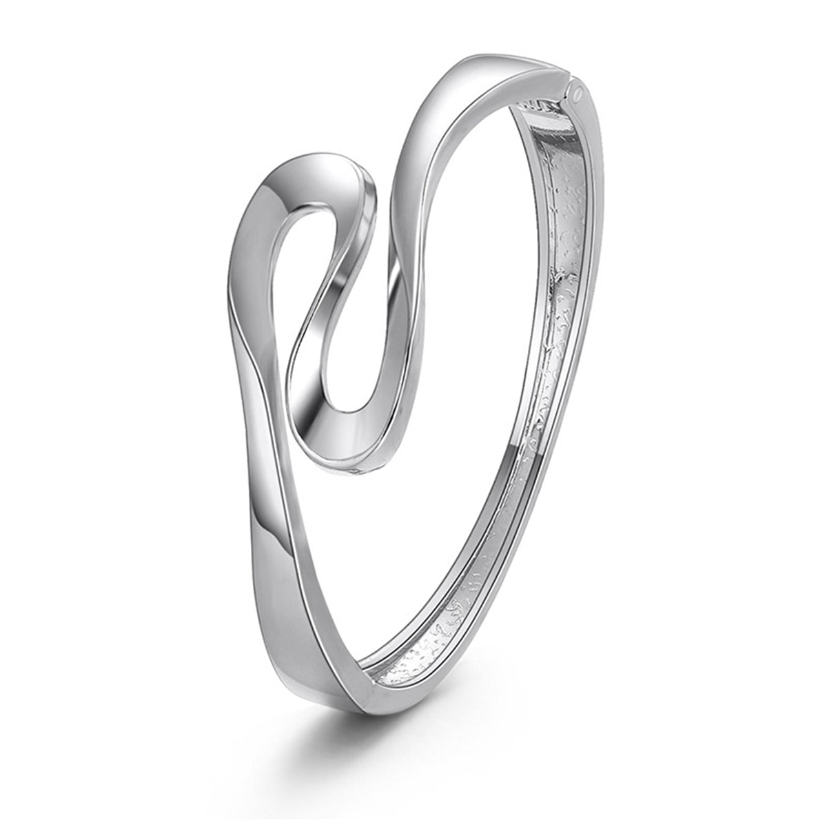 A stylish silver-plated ribbon bangle with a graceful curved design, perfect for adding sophistication to any outfit.