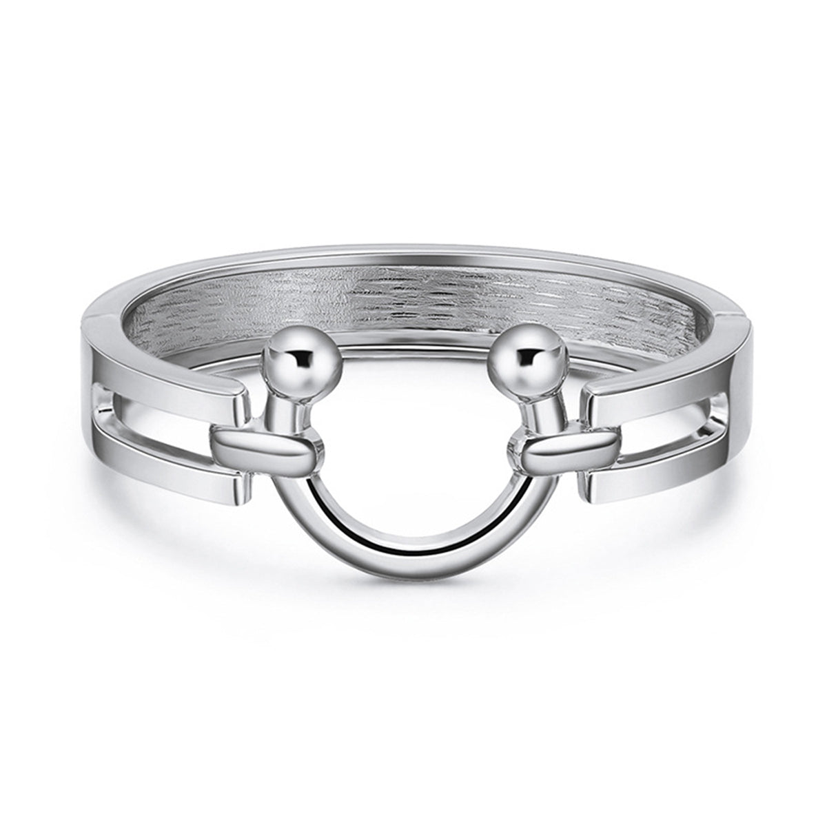 A silver-plated saddle bangle featuring a ring design with two decorative balls on either side.