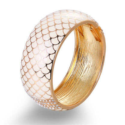 Apricot Enamel and Cubic Zirconia 18K Gold-Plated Scale Bangle, gold bangle bracelet, vintage-inspired design, front view
