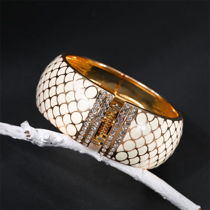 Apricot Enamel and Cubic Zirconia 18K Gold-Plated Scale Bangle, gold bangle bracelet, vintage-inspired design, side view