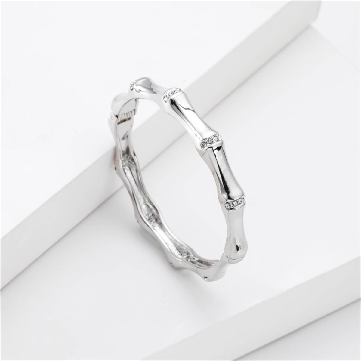 Cubic Zirconia and Silver-Plated Bamboo Bangle, silver bangle bracelet, everyday style, side view