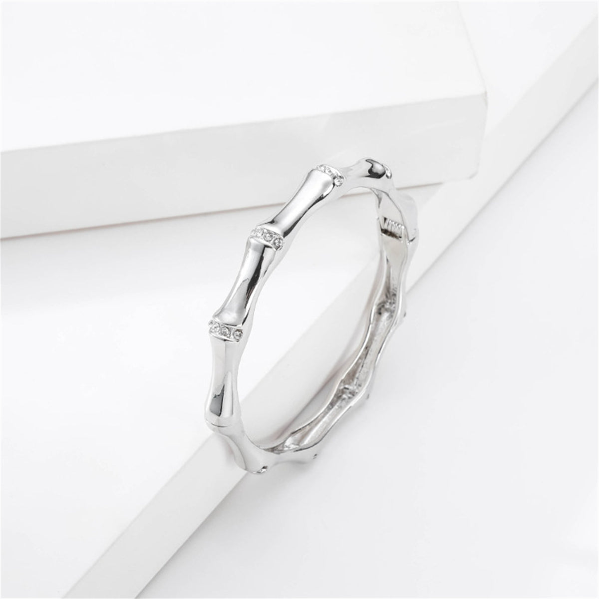 Cubic Zirconia and Silver-Plated Bamboo Bangle, silver bangle bracelet, everyday style, detail close-up