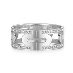 A silver-plated bangle adorned with side diamonds, complemented by a cubic zirconia and silver-plated lock bangle.