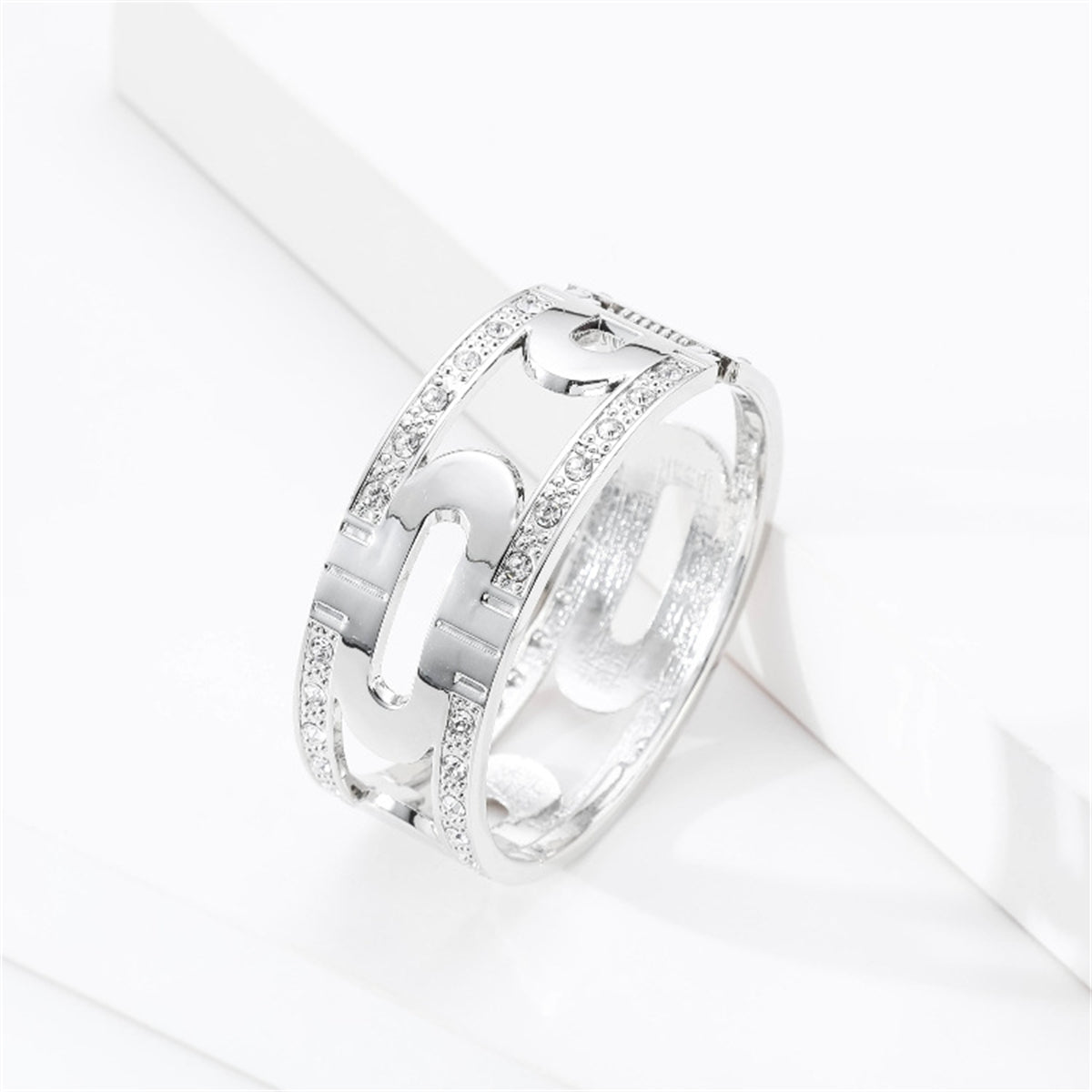 Cubic Zirconia and Silver-Plated Lock Bangle, silver bangle bracelet, vintage-inspired design, detail close-up