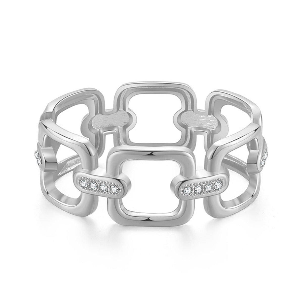 Elegant silver-plated and diamond bracelet with a cubic zirconia and silver-plated open square bangle style.