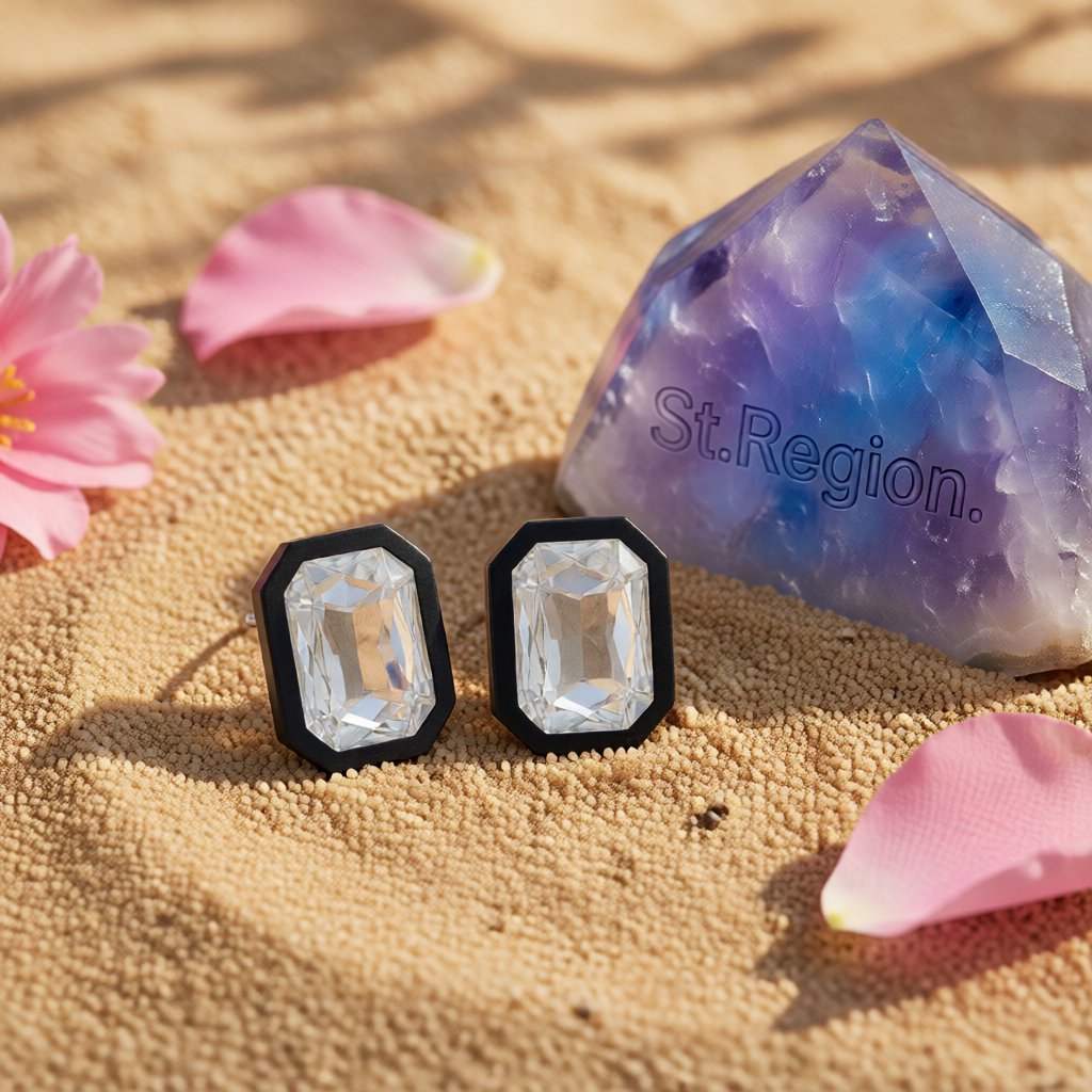 Black and Crystal Rectangle Stud Earrings, stud earrings for women, elegant gift for her, detail close-up